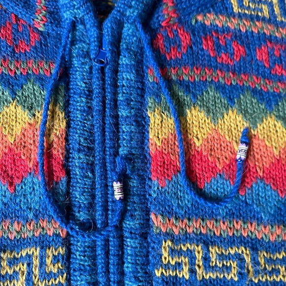 Rainbow Alpaca Cardigan Zip Up Hood Hand Knit in Peru Size L - Picture 8 of 9
